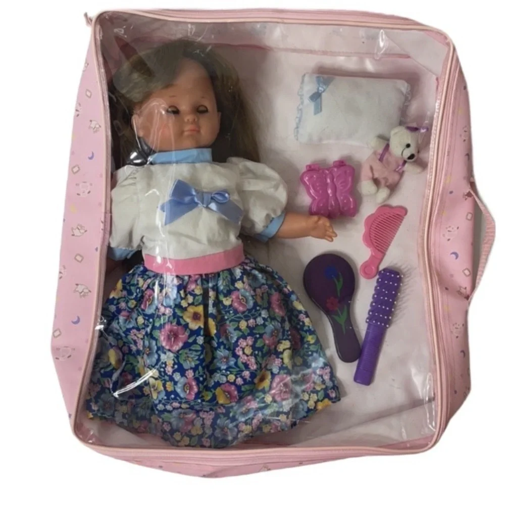 Vintage Doll Set Doll Accessories Case Doll Bundle Blue Pink White Floral Dress